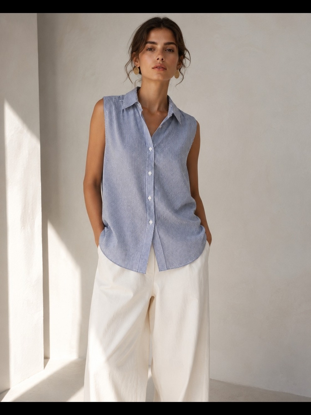 H&M Blue White Stripe Sleeveless ButtonUp Blouse Quiet Luxury Coastal Minimalist